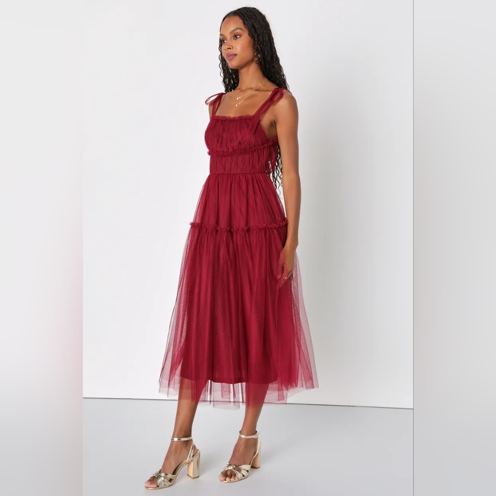 Graceful Charisma Burgundy Tulle Tiered Tie-Strap Midi Dress